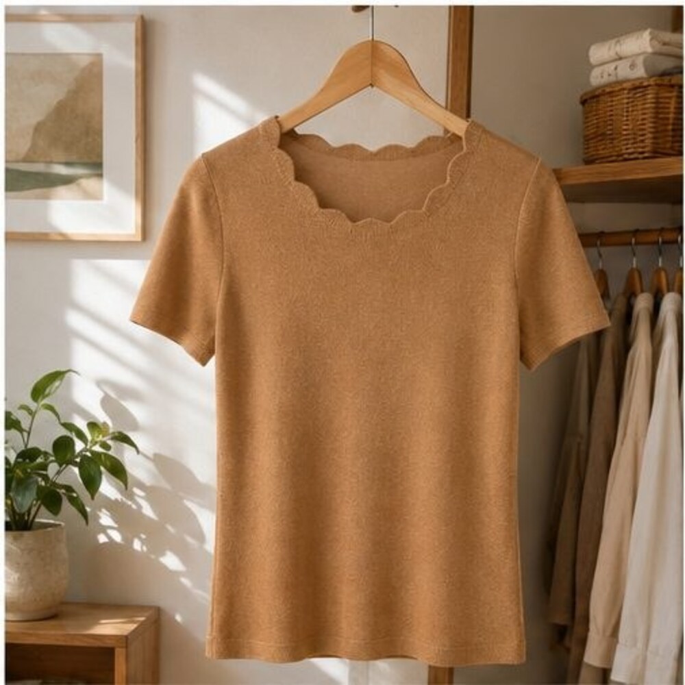 Camel Scallop Neck Knit Top